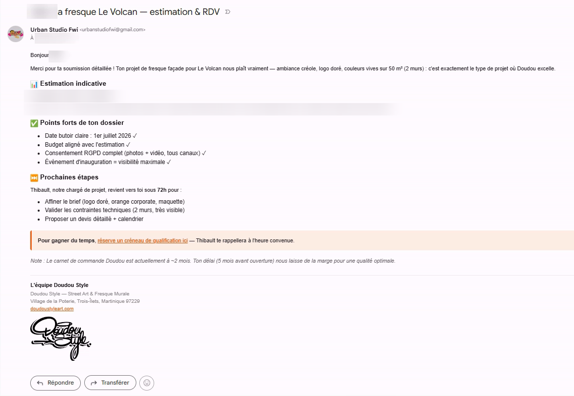 Email automatique de qualification d'un prospect — Doudou Style